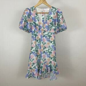 ASTR Floral Puff Sleeve Cutout Dress - White Multi Floral - Size XS